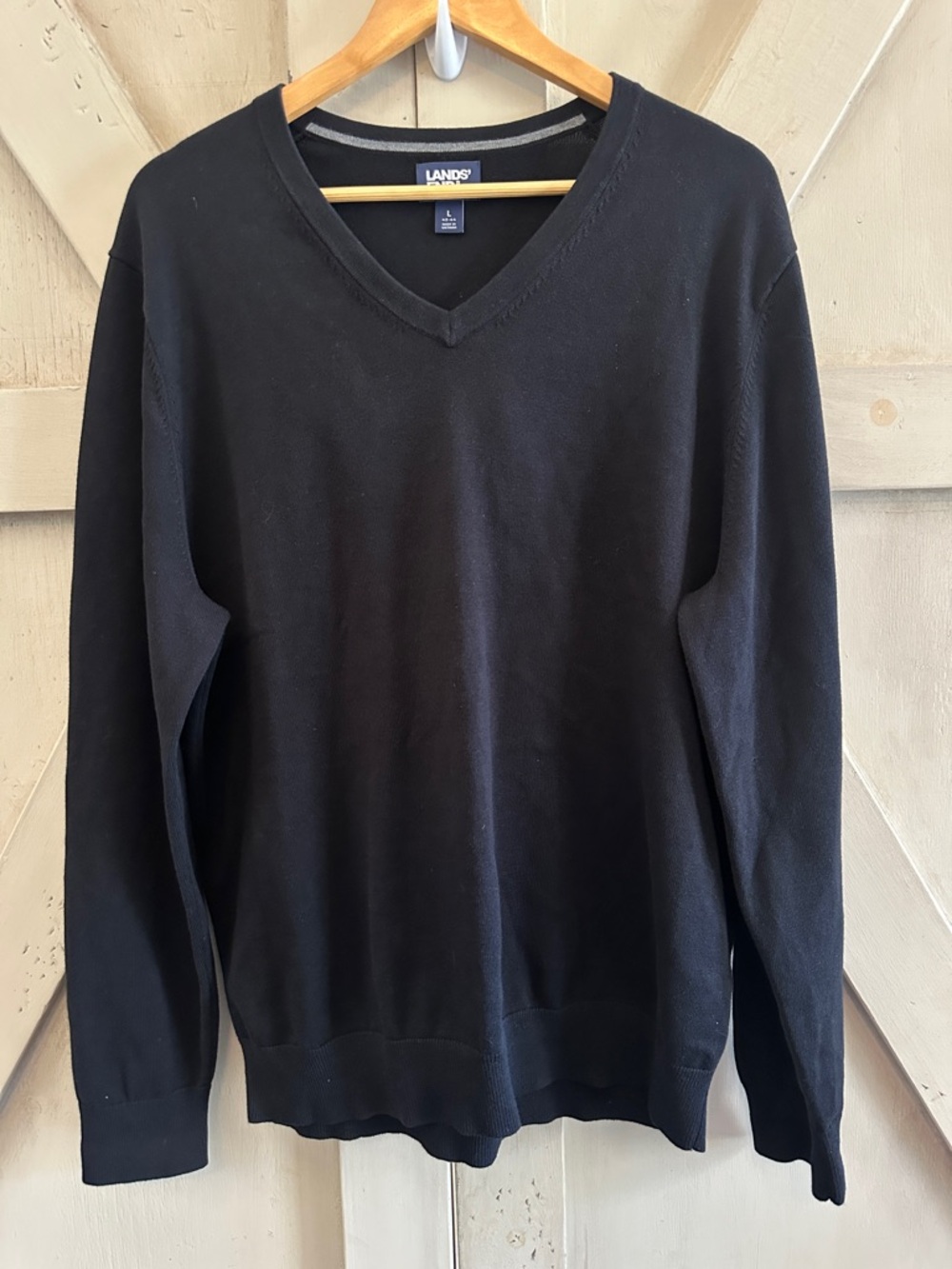 Lands’ End Black 100% Cotton V-Neck Knit Sweater Men’s Large Classic